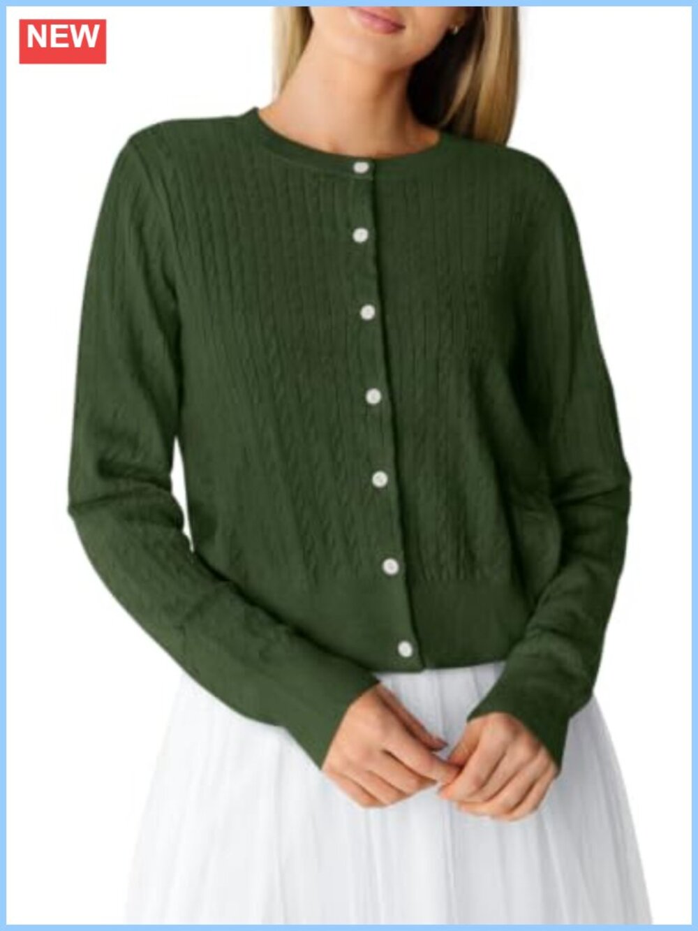 Women's Lightweight Cable Knit Button Up Cardigan Sweater Crew Neck